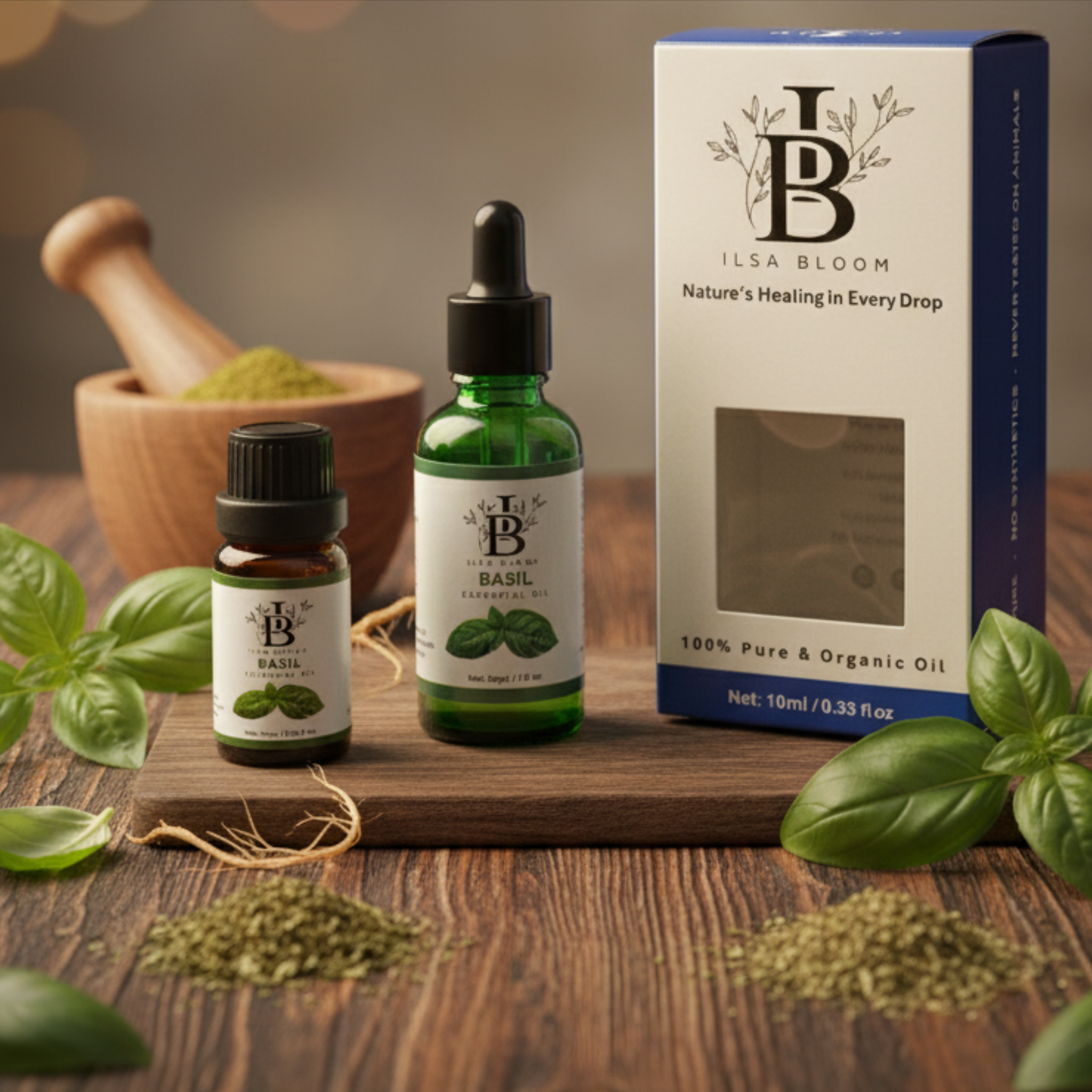 The Ilsa 100% Pure Basil Essential Oil bottle
